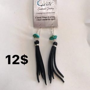 Black leather lace fringe and turquoise earrings